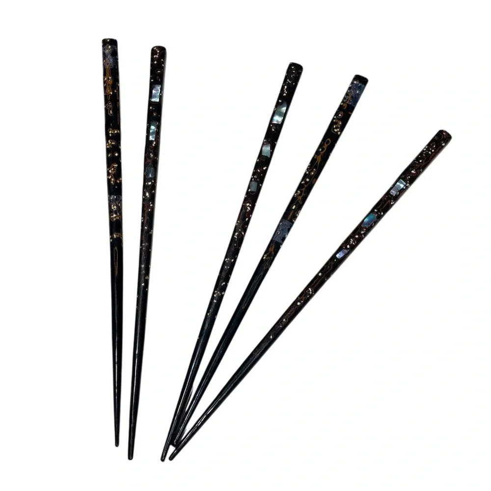 Japanese Vtg Black Lacquer Abalone Inlay Chopsticks Lot Of 5 8” Mother Of Pearl